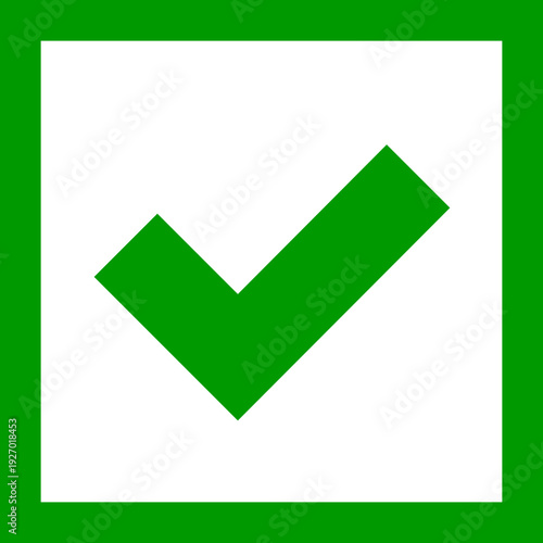 A bold green check mark is prominently displayed within a black square, enclosed by a thick green border, symbolizing confirmation or completion