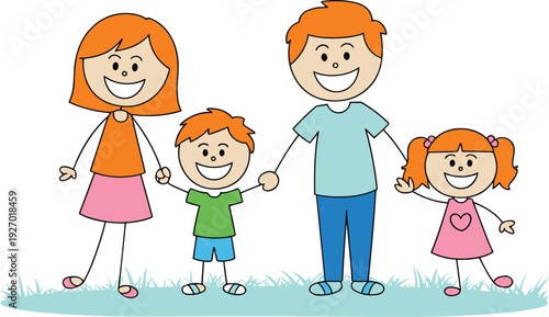 Happy family standing together holding hands flat cartoon vector illustration for parenting love childhood togetherness concept