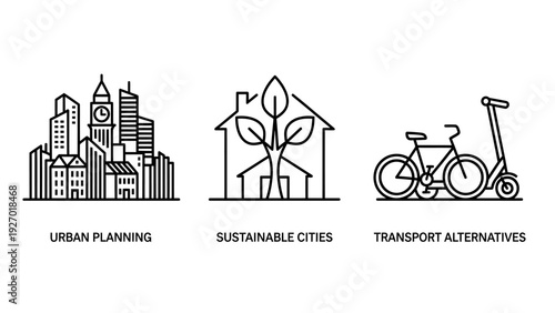 Urban planning and sustainability icons featuring a modern cityscape, a sustainable eco-friendly house with trees, and alternative transport options like a bicycle and electric scooter.