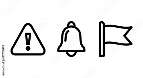 Essential notification and warning icons including an exclamation mark alert triangle, a notification bell symbol, and a destination flag icon for interface design and navigation.