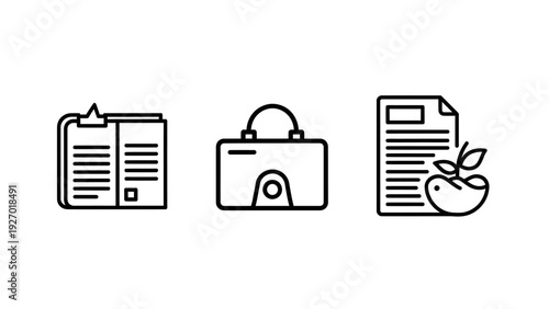 Professional business and sustainability icons including an open document folder, a modern briefcase handle bag, and an eco-friendly paper sheet with a sprout for green business.