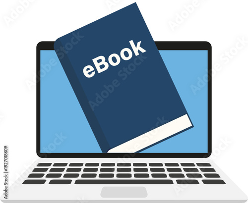 A digital book labeled "eBook" is displayed on a laptop screen, symbolizing online reading and digital content