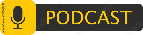 A graphic design featuring a microphone icon next to the word PODCAST in bold yellow lettering on a dark background