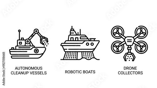 Environmental technology icons for ocean cleanup with autonomous vessels robotic boats and aerial drone collectors