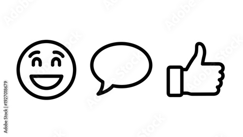 Social media interaction icons with happy emoji face speech bubble for comments and thumbs up like button