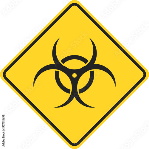 A yellow diamond-shaped warning sign featuring a black biohazard symbol indicating a potential danger from biological agents