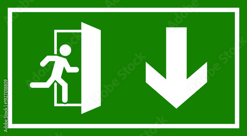 A safety sign indicating an emergency exit route with a directional arrow pointing downwards, commonly found in public buildings and workplaces