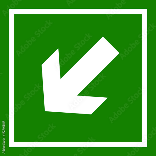 A white arrow points diagonally down and to the left on a bright green background within a white border, indicating a direction or exit