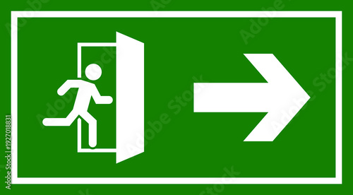 A clear green safety sign indicating an emergency exit with a running figure and a directional arrow pointing to the right