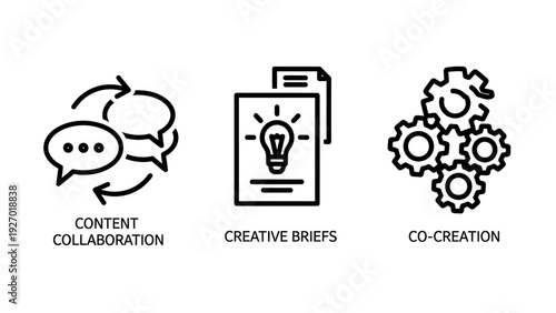 Creative Content Collaboration and Briefs Icons with Brainstorming Lightbulb and Co-Creation Gears