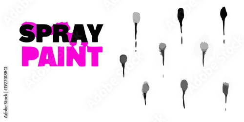 Bright pink spray paint text against a stark black background with blurred shapes