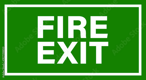 A clear green and white fire exit sign indicating a safety route for emergencies