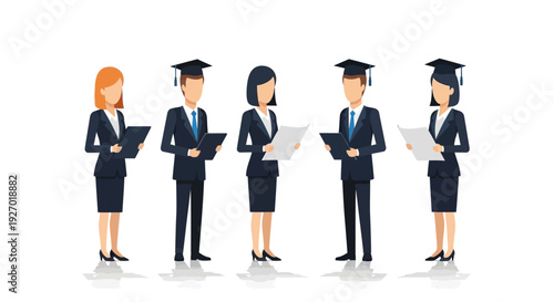 Diverse group of graduates in academic attire holding documents.