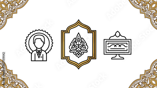 Islamic and Javanese cultural heritage icons featuring a person, gunungan motif, and calligraphy set against a white background with ornate gold borders.