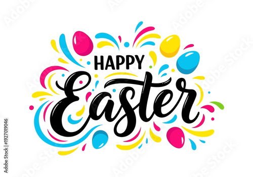 Colorful happy easter greeting card with eggs and swirls