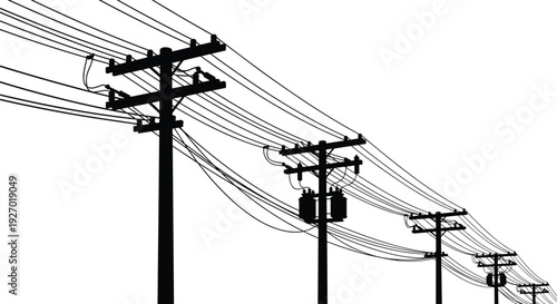 Black silhouette vector illustration of utility poles with electrical transformers and power lines receding into distance, urban infrastructure energy distribution concept artwork