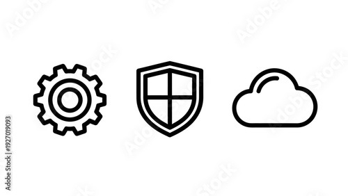 Essential web technology icon set including a gear for settings, a shield for security protection, and a cloud for data storage and connectivity.