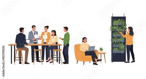 Diverse group of professionals collaborating in a modern office environment.