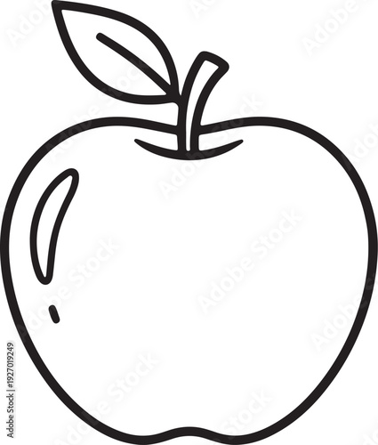 Simple black outline of a single apple with a leaf and stem also transparent background fruit food black and white