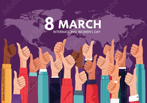 Hands giving thumbs up for international womens day on march 8 on purple background