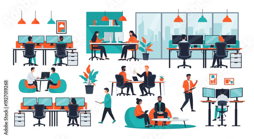 Diverse group of professionals collaborating in a modern office environment.