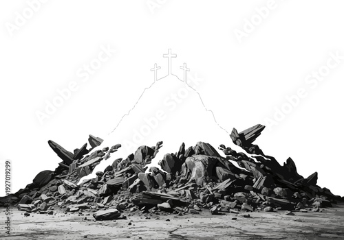 Black and white mountain landscape with rocks and snow