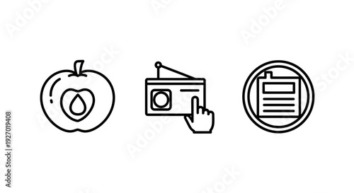 Assorted conceptual icons featuring an apple with a drop for nutrition, a hand tuning a radio device, and a circular document icon for user interface design.