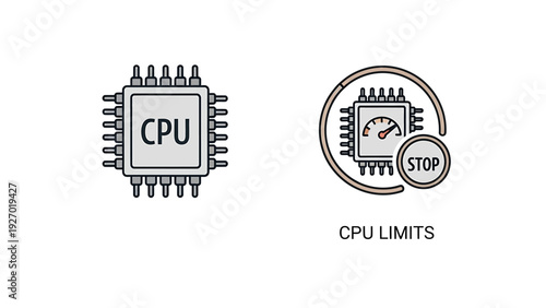 Computer hardware icons showing a standard CPU processor and a performance monitoring gauge with a stop command for CPU limits and throttling concepts.