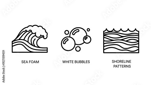 Abstract Ocean and Coastal Line Art Icons Featuring Crashing Sea Foam Waves, Floating Water Bubbles, and Organic Shoreline Sand Patterns for Marine Themed Graphic Design.