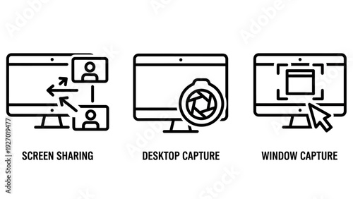 Digital Communication Icons Set Including Screen Sharing with User Avatars, Desktop Capture with Camera Shutter, and Window Recording Selection with Cursor for Video Conferencing Software.