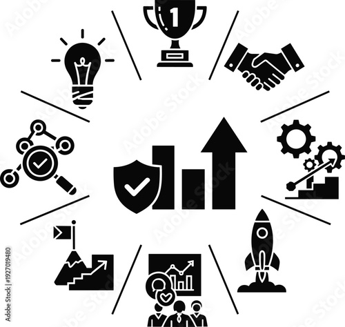 Business success infographic wheel with icons lightbulb trophy handshake growth chart rocket team achievement vector illustration
