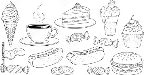 Hand Drawn Collection of Delicious Fast Food and Sweet Treats White Background black