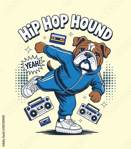 Hip Hop Hound Retro Bulldog Illustration Wearing Blue Tracksuit Dancing with Boomboxes and Cassette Tapes for Streetwear Graphic Art