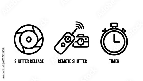 Professional Photography Camera Control Icons Set Featuring Shutter Release Aperture, Wireless Remote Shutter Control, and Countdown Timer Stopwatch for Photo Equipment Settings.