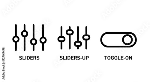 Modern UI/UX Interface Control Icons Set Featuring Vertical Adjustment Sliders, Top Positioned Volume Faders, and an Active Toggle On Switch for Digital Dashboard Design.