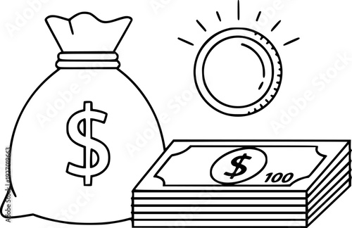 A stylized line of a money bag with a dollar sign a stack of dollar bills and a shining coin