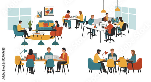 Diverse group of people collaborating and working in a modern office environment.
