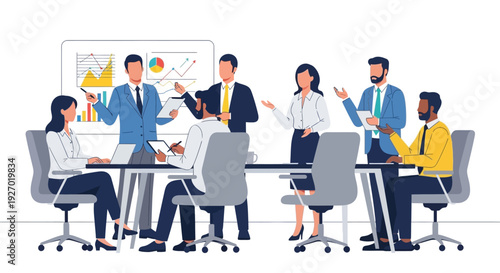 Diverse group of professionals collaborating in a modern office meeting.