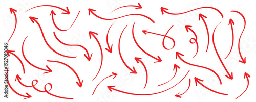 Hand drawn doodle red crayon brush lines, chalk and brush stroke vector elements. Arrows, abstract shapes isolated on white background. Red sketched doodle arrows pointing in various directions style.