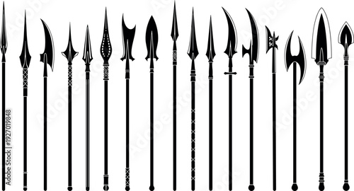 Medieval spear and polearm silhouette collection, ancient infantry weapons, halberd and pike icons, historical military equipment, fantasy battle gear, vector.