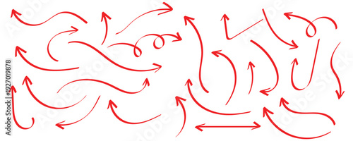 Hand drawn doodle red crayon brush lines, chalk and brush stroke vector elements. Arrows, abstract shapes isolated on white background. Red sketched doodle arrows pointing in various directions style.