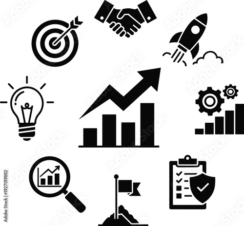 Business Growth and Strategy Black Icons Set with Target, Handshake, Rocket and Analytics Symbols