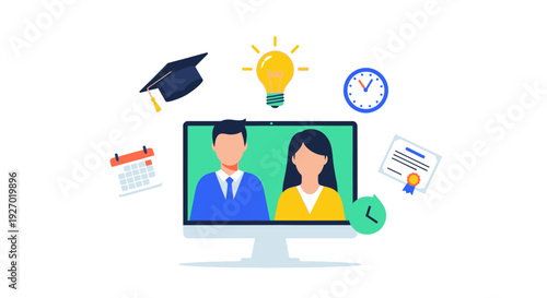 E-Learning and Online Education Concept. Virtual classroom meeting screen surrounded by graduation, diploma, schedule, and idea icons.