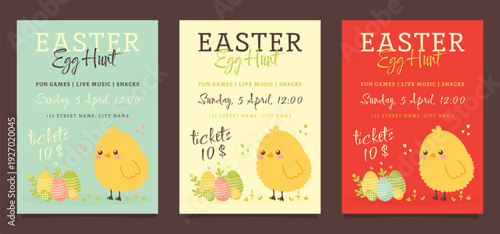 Easter egg hunt posters set with cute chick and colorful eggs vector illustration.