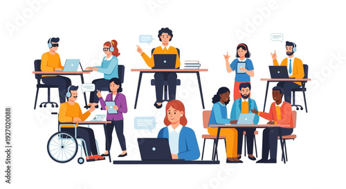 Inclusive Remote Team Collaboration Vector. Diverse Group of People, Including a Worker in a Wheelchair, Operating Customer Support and Technical Assistance.