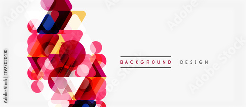 Abstract geometric shapes overlap, creating vibrant color composition. White space dominates right side, offering clean contrast.