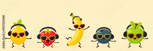 Funny fruit characters group dancing in headphones and sunglasses vector illustration.