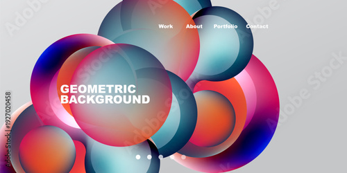 Abstract colorful shapes overlap, creating dynamic visual effect. Text elements present website navigation options. Modern design.