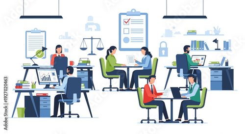 Diverse team collaborating in a modern office environment.