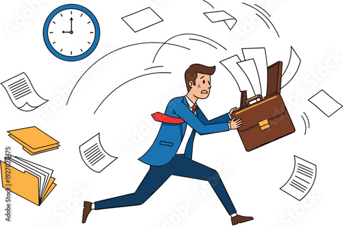 Stressed Businessman Running Late with Briefcase and Flying Papers Time Management Concept Vector Illustration